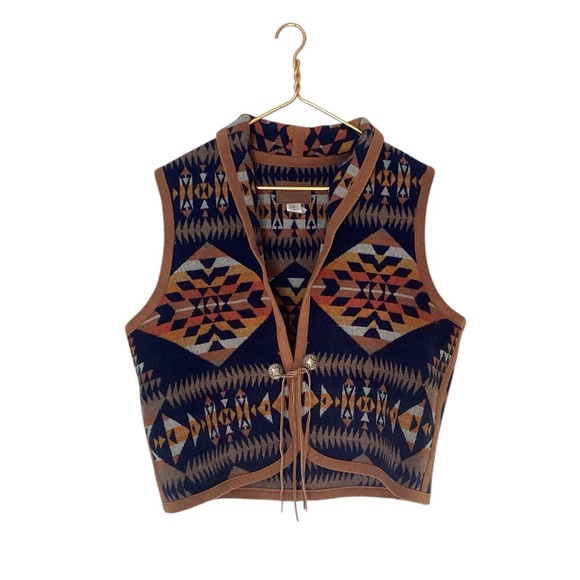 Pendleton Jackets & Blazers - Pendelton Aztec Blue Pattern Southwestern Vest Leather Trim L
